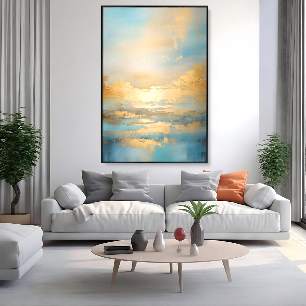 Tablou canvas cu tablou canvas cu peisaj marin abstract, in rama de aluminiu negru, pe perete intr-un living